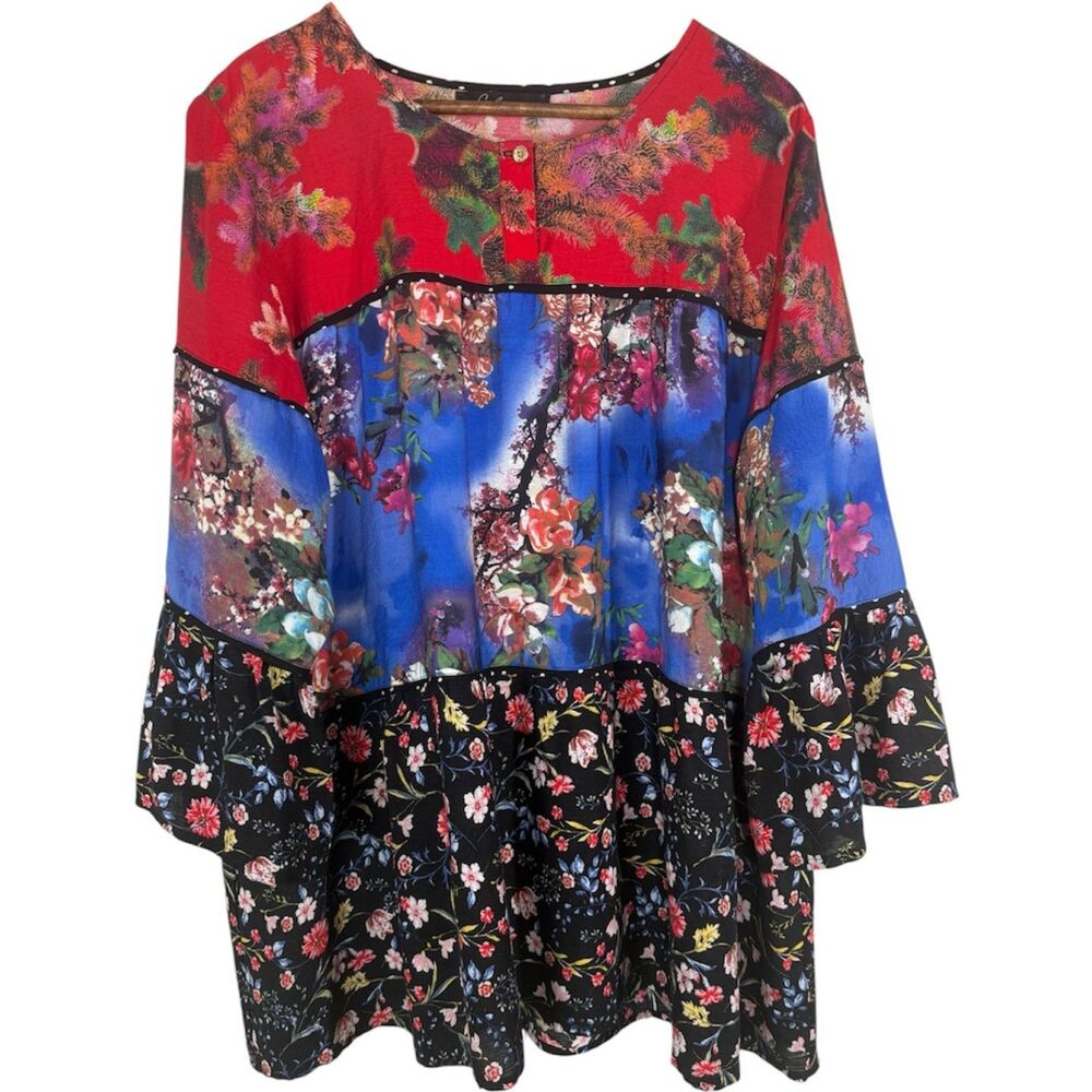 Caleoas Womens Floral Blouse 2X Multiprint Boho Colorful Eclectic Bright Tiered